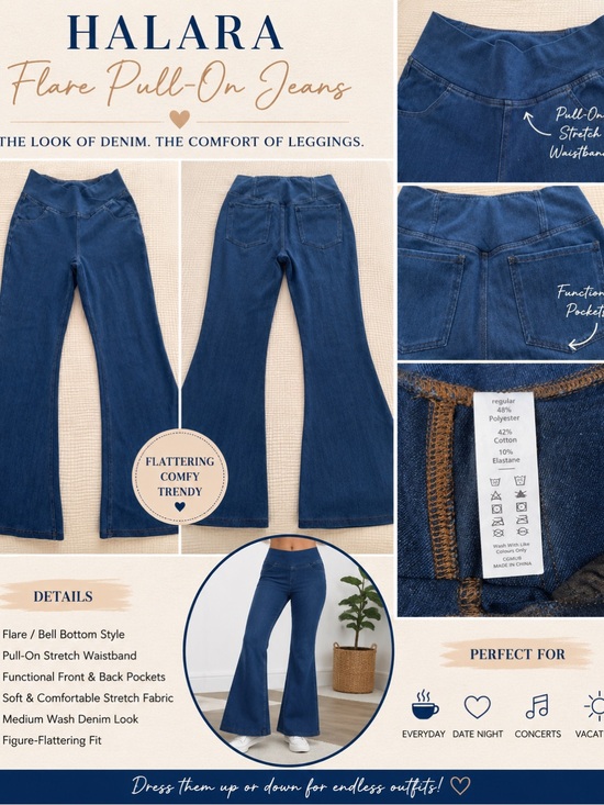 HALARA Denim - HALARA Medium Wash Blue Flare Pull-On Jeans